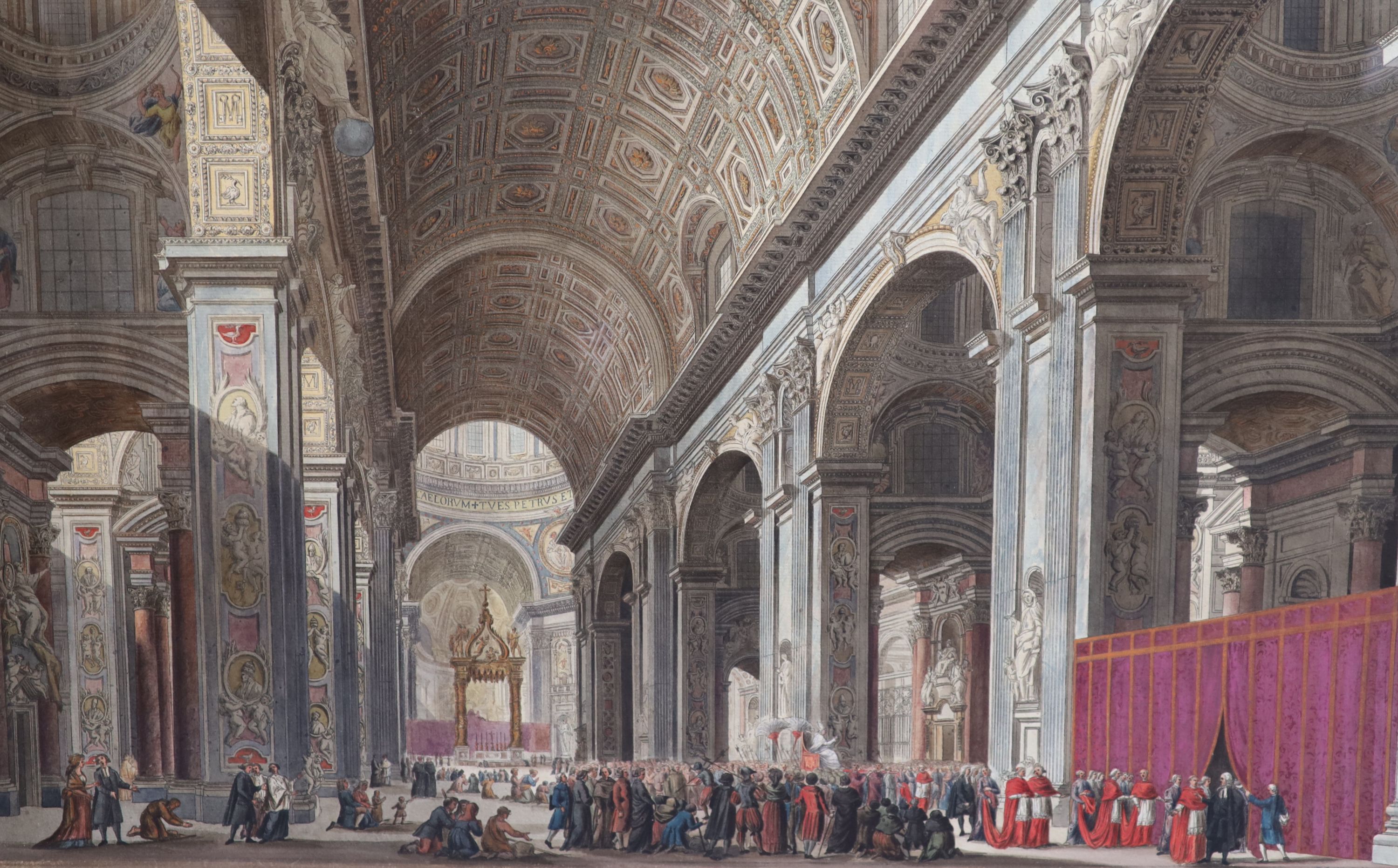 Italian School c.1800 , The Pope in Procession from St Peter's Square, through the Colonnades into the Basilica, set of four outlined engravings extensively hand coloured in watercolour, largest 46 x 69.5cm